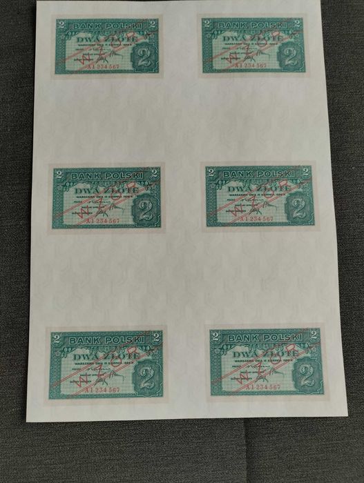 arkusz z banknotami 2 zł WZÓR - RZĄD NA UCHODZCTWIE - LONDYN 1939