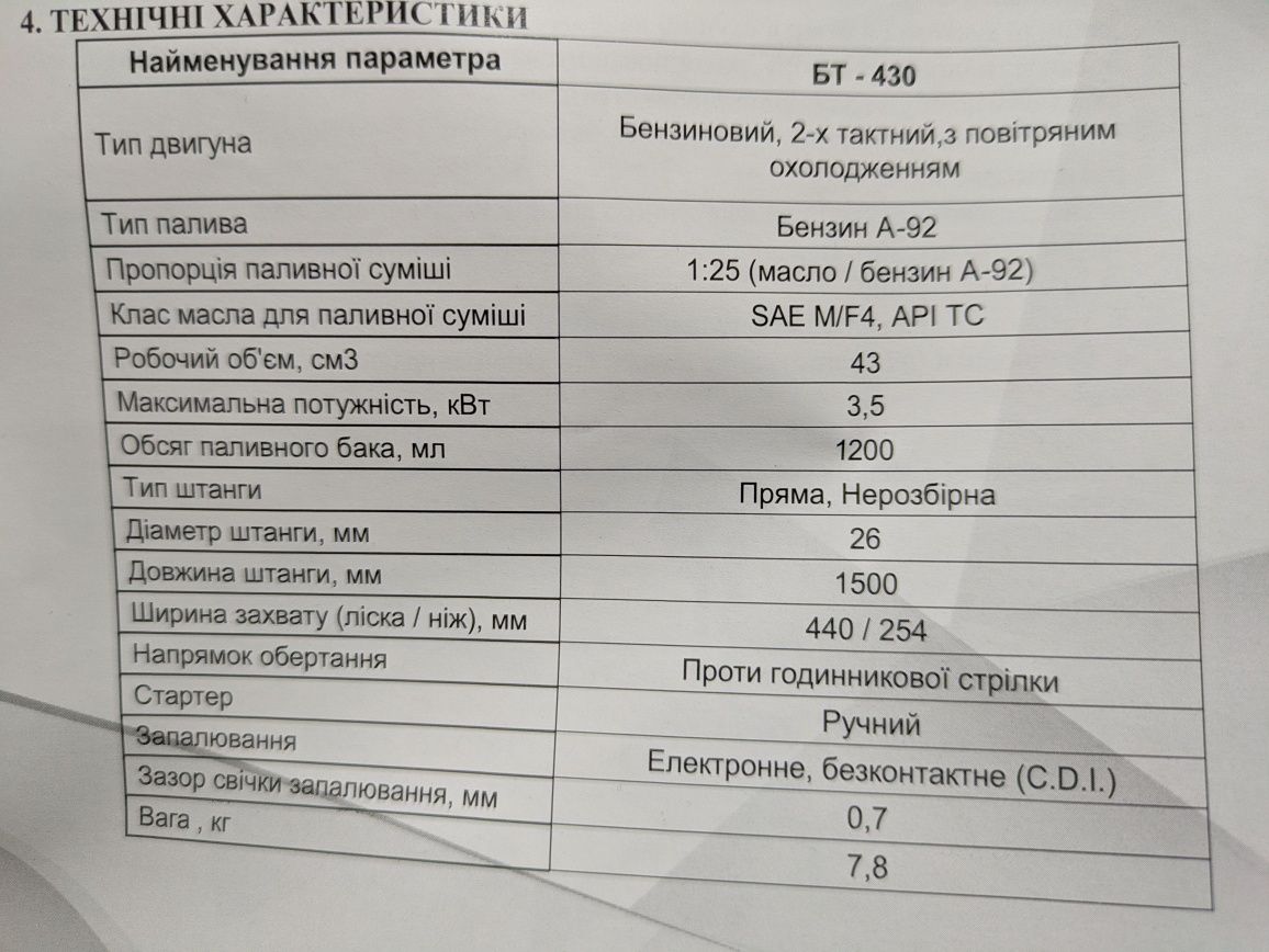 Мотокоса Свитязь БТ-430