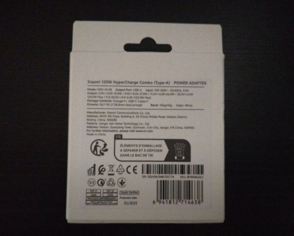 Carregador telemóvel ou tablet 120 W com Cabo. Novo.