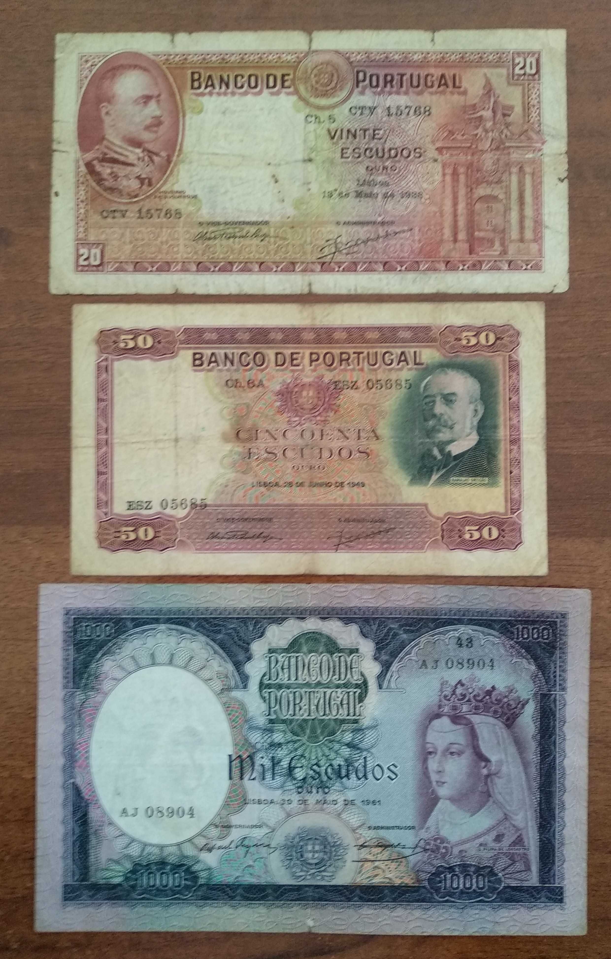 Notas de 1.000, 50 e 20$00 do Banco de Portugal