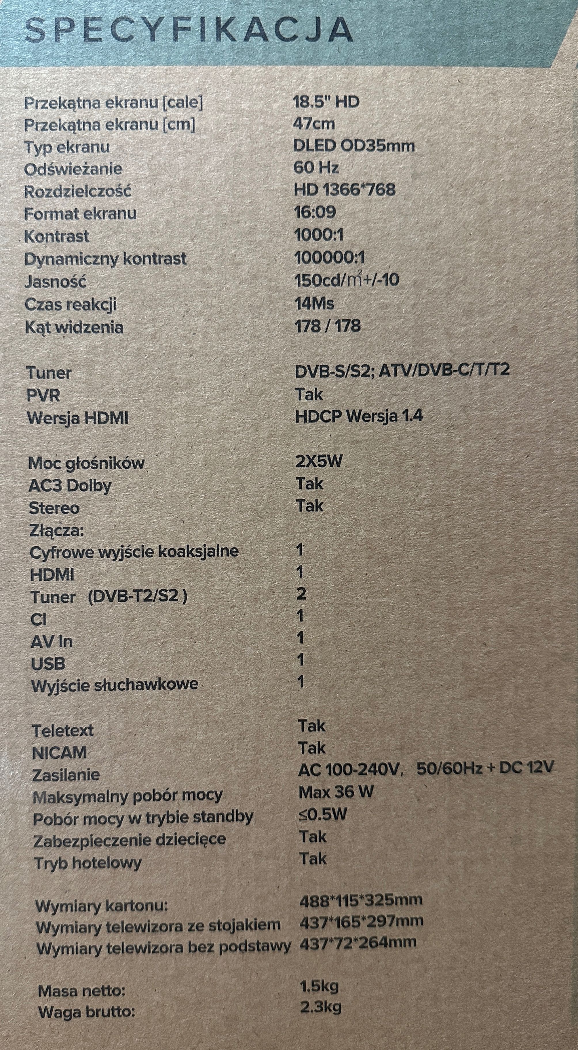 Telewizor Full HD Kiano, z ładowarką samochodową, 19’’, NA GWARANCJI