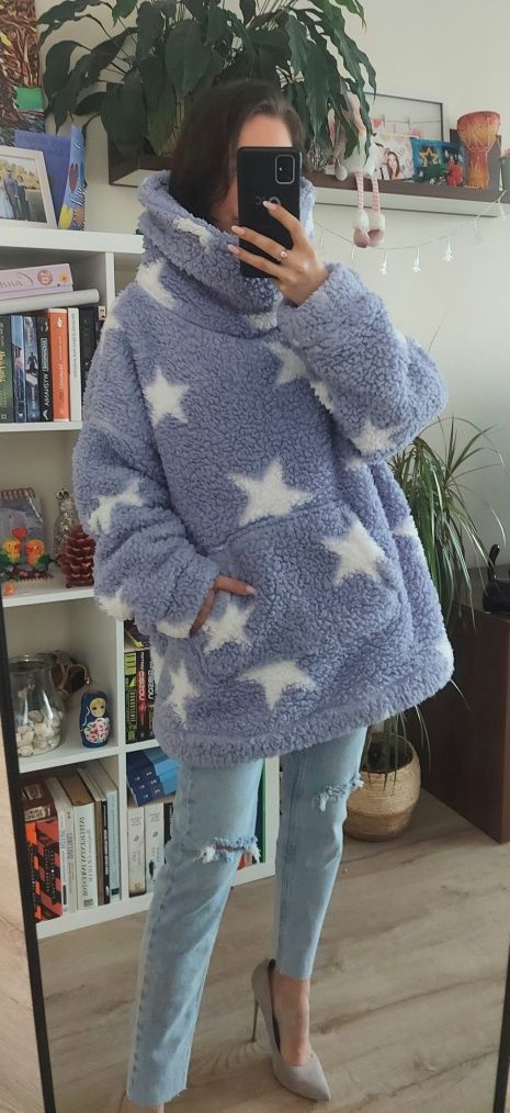 Nowa puszysta bluza snuggie z kołnierzem i kieszenią w gwiazdy