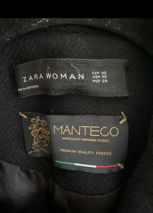 Czarny wełniany dopasowany płaszcz Zara XS Manteco