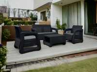Zestaw mebli ogrodowych sofa, dwa fotele, stolik/pojemnik na poduszki