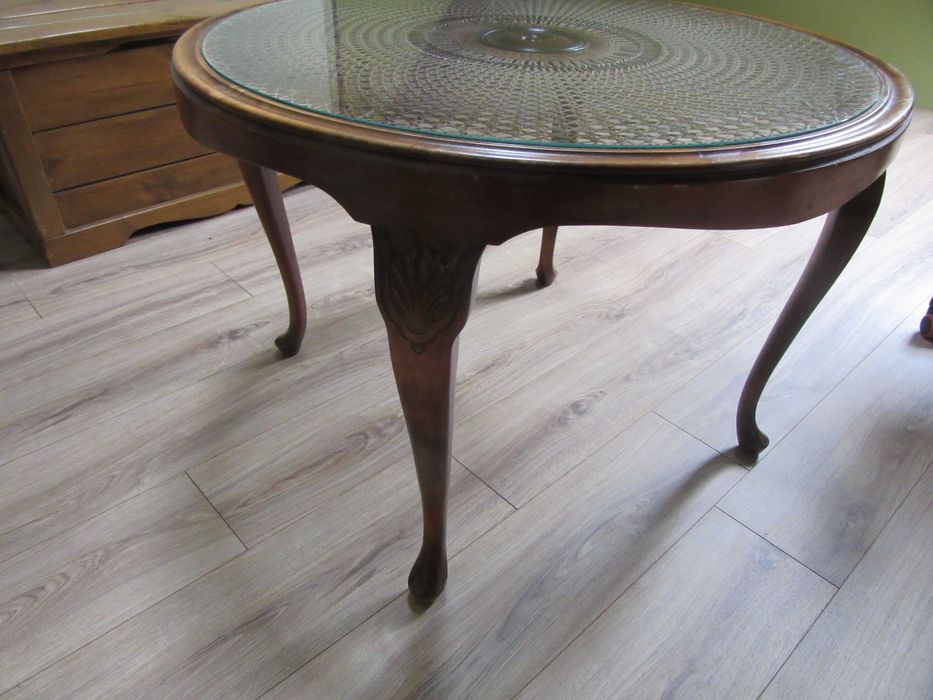 stolik kawowy vintage stylowy okragly drewno, rattan,szklo   86cm-60cm