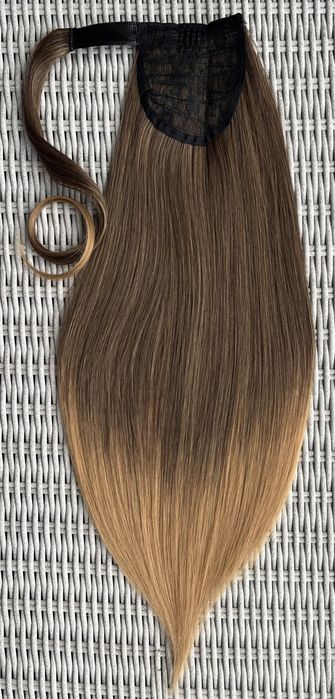 Premium Ultra włosy doczepiane, szatyn / blond / ombre, kucyk