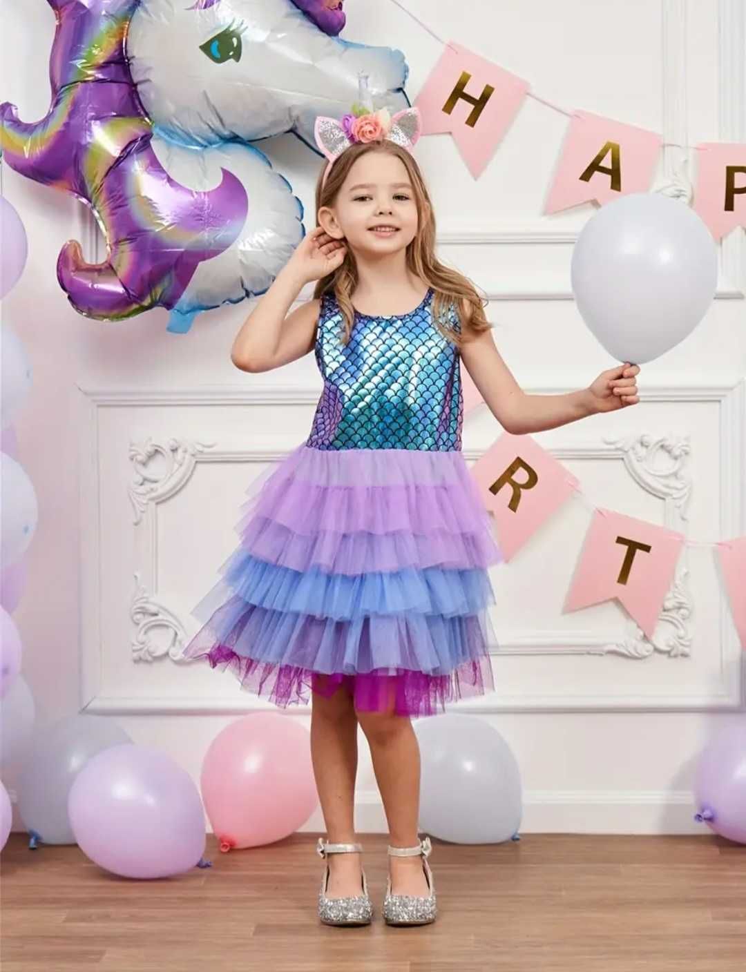 Śliczna sukienka Syrenka Ariel łuski tiul, r. 122 przebranie urodziny
