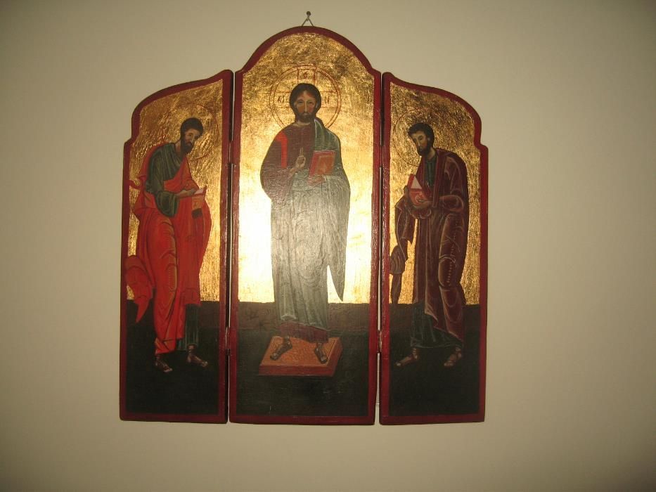 swieta ikona tryptyk drewno zlocona trzech apostolow