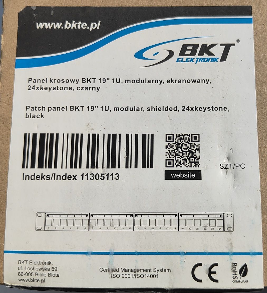 Panel krosowy bkt 19" 1u, modularny, ekranowany, 24 x keystone, czarny