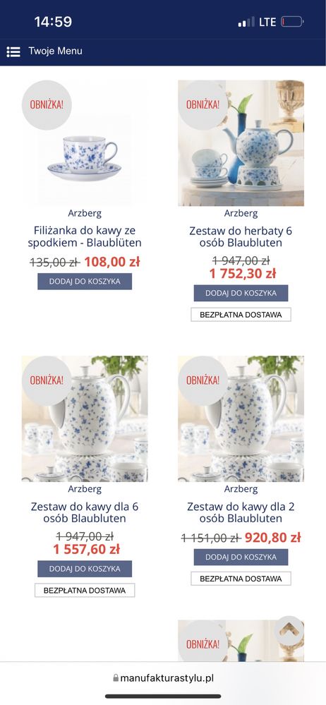 Azrberg Blaubluten serwis kawowy porcelana 12 osób super stan okazja