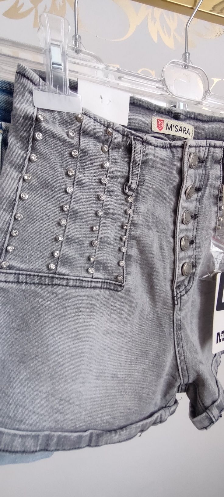 Szorty spodnie damskie jeansowe M Sara wysoki stan z dżetami szare L