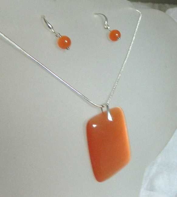 Pomarańczowy kwarc kocie oko, wisior i kolczyki, srebro