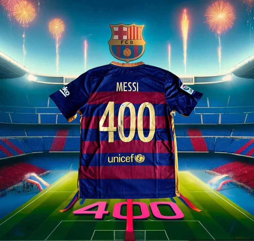 Ліонель Мессі автограф футболка з підписом Barcelona 400 Beckett COA