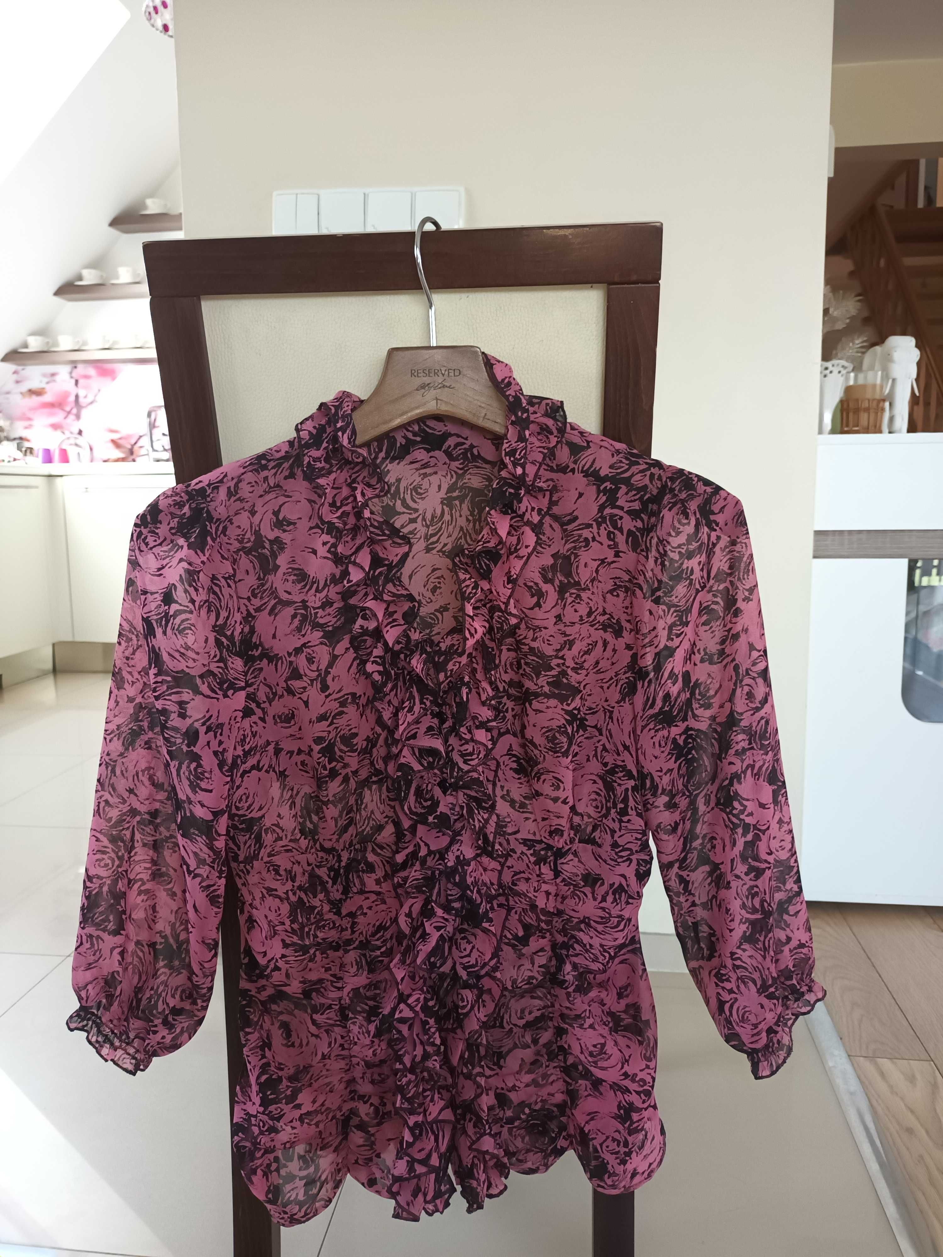 Elegancka, różowa bluzka w czarne róże, rozmiar 36, ORSAY