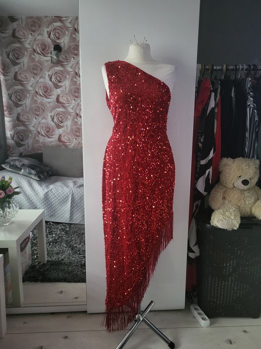 Czerwona cekinowa sukienka asymetryczna na jedno ramię XL-XXL