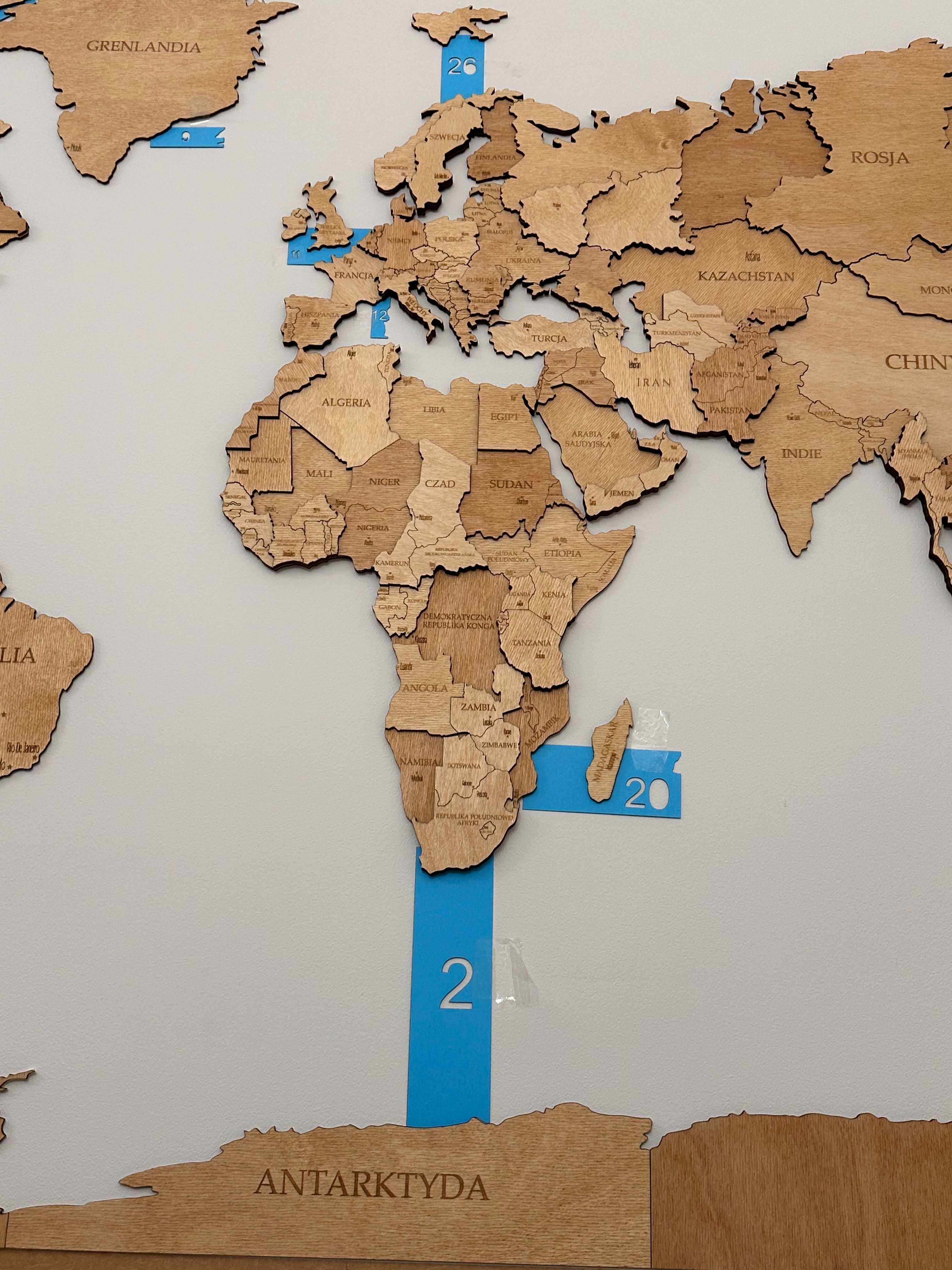 Drewniana Mapa Świata 3D 276x165cm, 3 kolory, pomysł na prezent