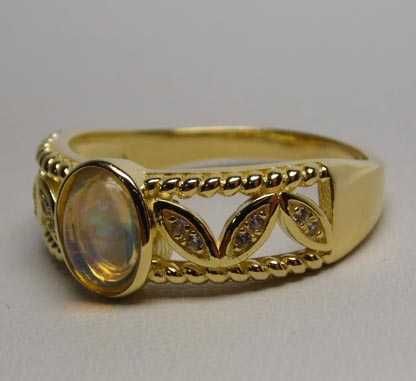 Pierścionek opalizujący kamień listki z cyrkoniami srebro złocone R.23