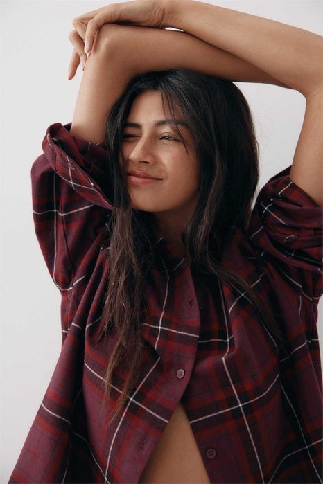 Piżama bawełniana flanela Koszula ze Spodniami S NOWA Ko krata burgund