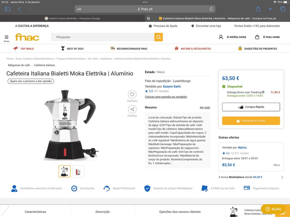 Cafeteira Italiana Bialetti Moka Elettrika (2 chávenas)