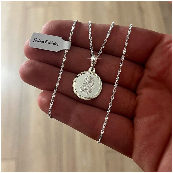 Srebrny Łańcuszek Singapur + Medalik 925 Matka Boska Częstochowska + G