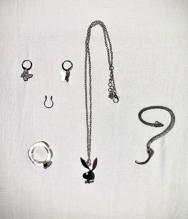 zestaw biżuterii srebrny hit pinterest goth y2k 90s 80s 00s