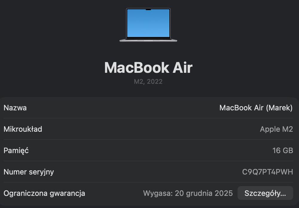 Apple Macbook Air M2 gwarancja 16GB Ram 256 SSD