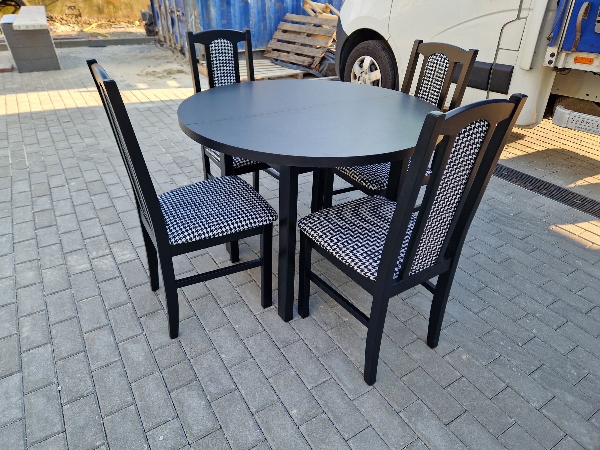 Nowe: Stół okrągły + 4 krzesła, czarny + pepitka , transport cała PL