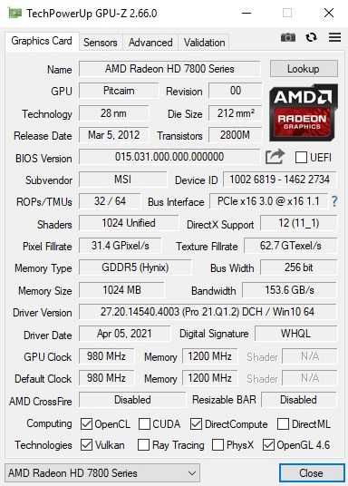 Відеокарта AMD MSI Radeon HD 7850 Hawk 1 GB GDDR5