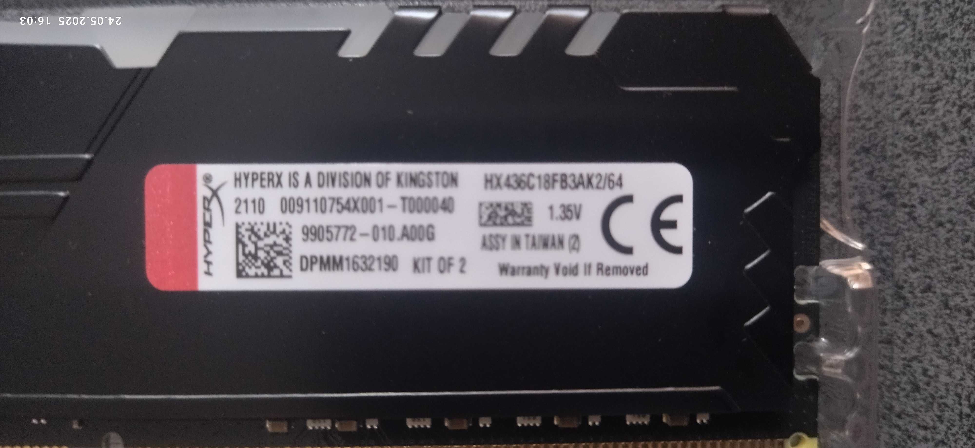 HyperX 64 GB (2x32GB) DDR4 3600 MHz FURY RGB (Micron/Dual Rank CL18)
