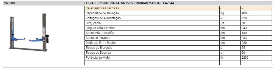 Elevador Auto c/2 Colunas Desencravamento Manual PA2L4A