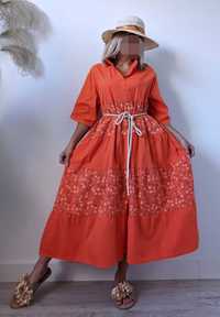 włoska bawełniana sukienka rozkloszowana pomarańcz 100% cotton r. 44