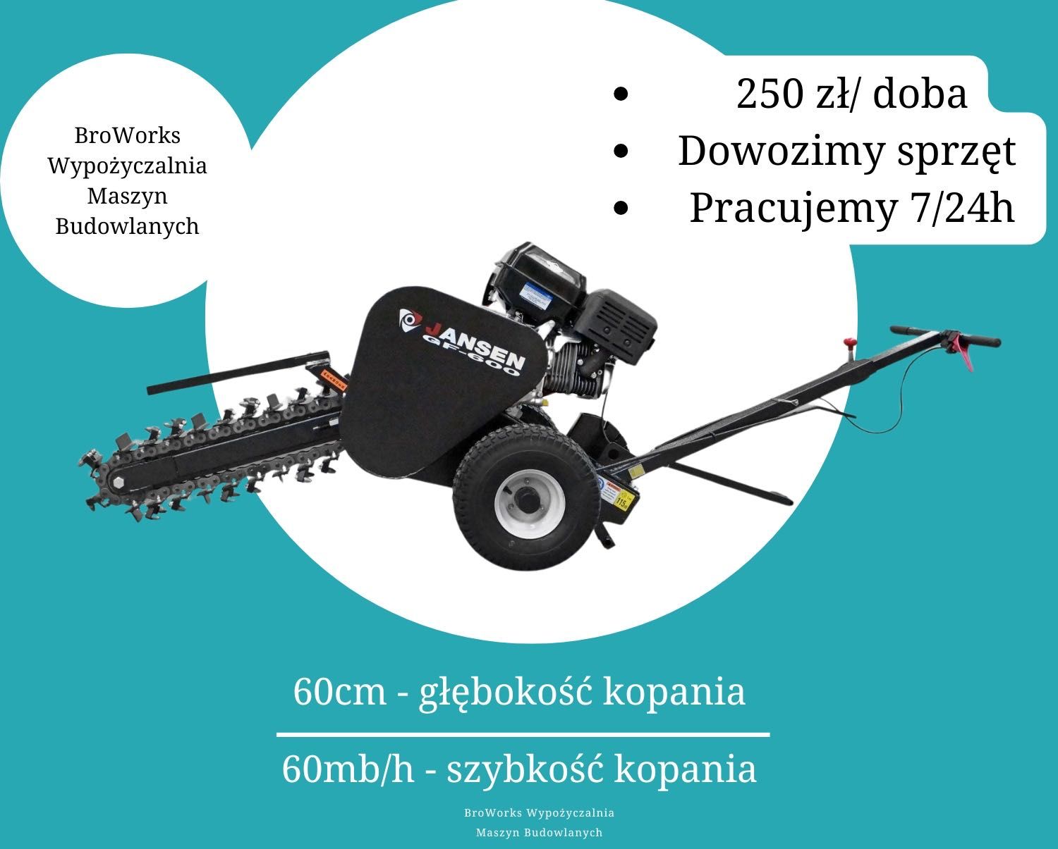 Koparka Łańcuchowa Dowozimy WYNAJEM 24h/7d  Bruzdownica Minikoparka