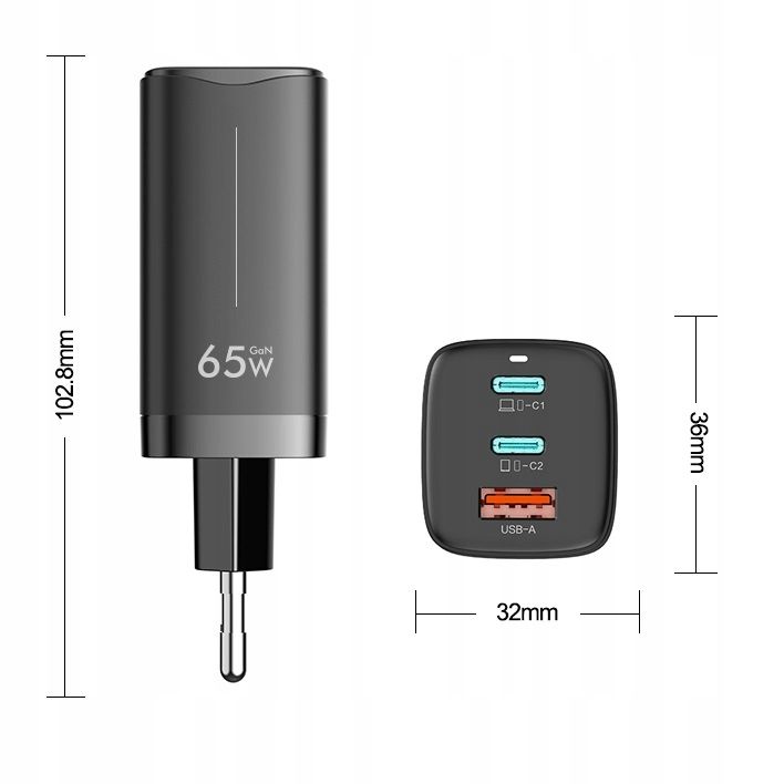 Ładowarka sieciowa Feegar GaN 65W 3xUSB QC PD TypC