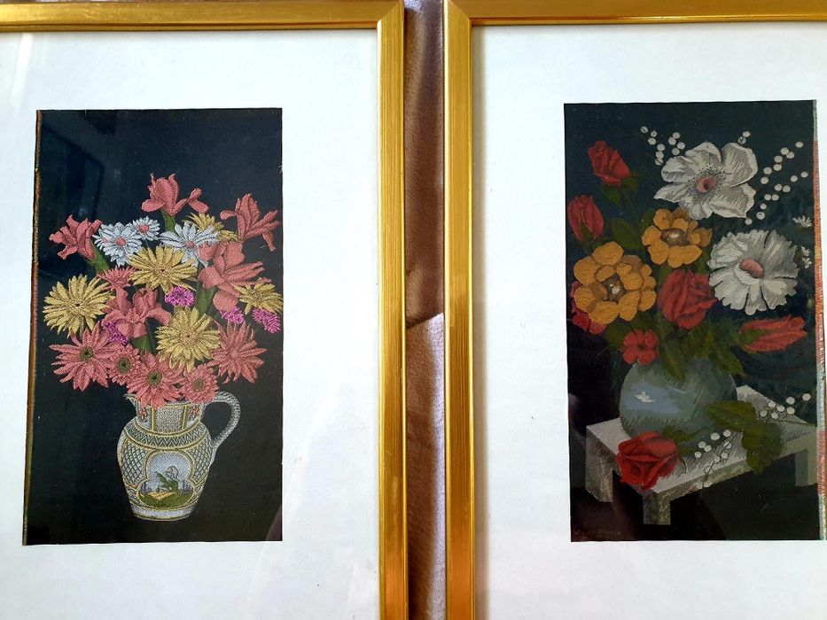 2 lindos quadros vintage- naturezas mortas-tecidos de arte