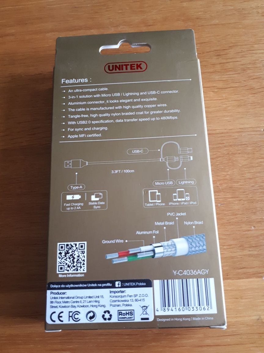 kabel USB 2.0 do Micro USB z adapterami USB-C i Lightning firmy Unitek
