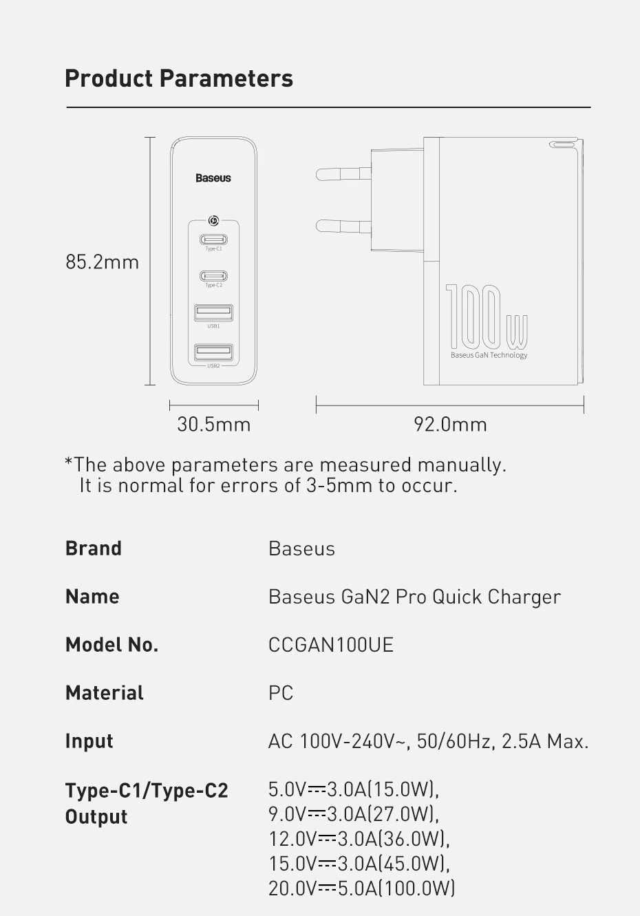 Зарядное устройство Baseus 100W GaN2 Pro Quick Charger