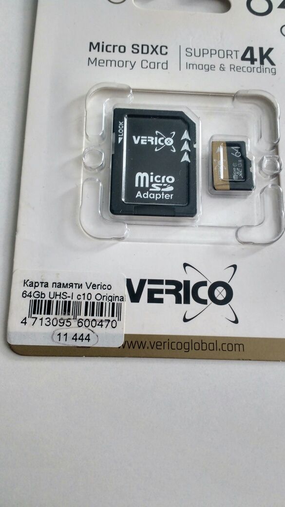 Новая карта памяти microSDXC 64 Гб Verico с адаптером class 10 (UHS-1)