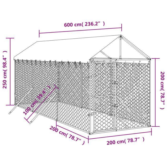 Vidaxl Kojec Dla Psa, Z Dachem, Srebrny, 2X6X2,5 M, Stal Galwanizowana