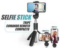 Selfie stick com tripe e comando remoto