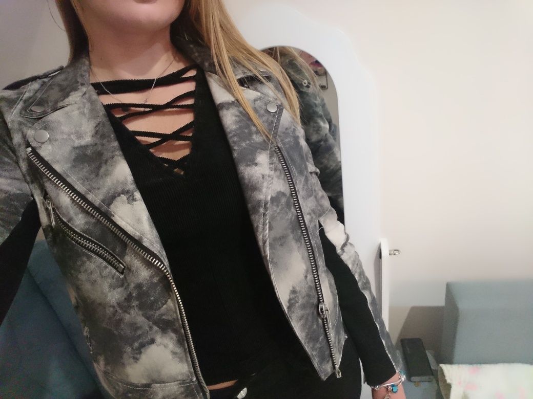 H&M Ramoneska skóra grafit marmurkowa xs 34