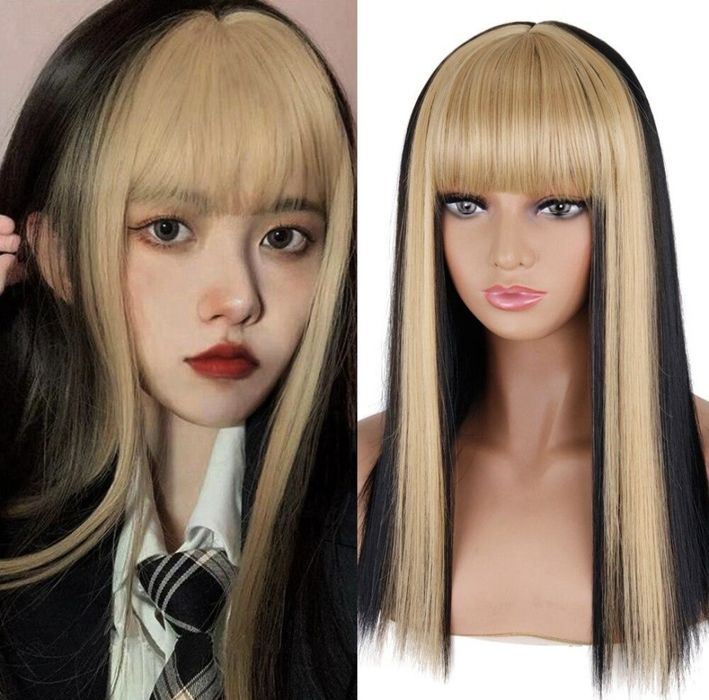 Перука з білим чубчиком, довга аніме косплей альт перука