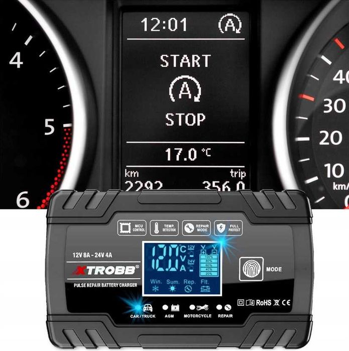 Prostownik AUTOMATYCZNY Z Funkcją NAPRAWY LCD Temperatura 12V 24V 8A