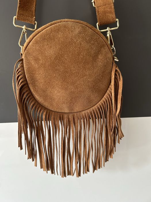 Torebka frędzle ze skóry naturalnej zamszowej kolor camel