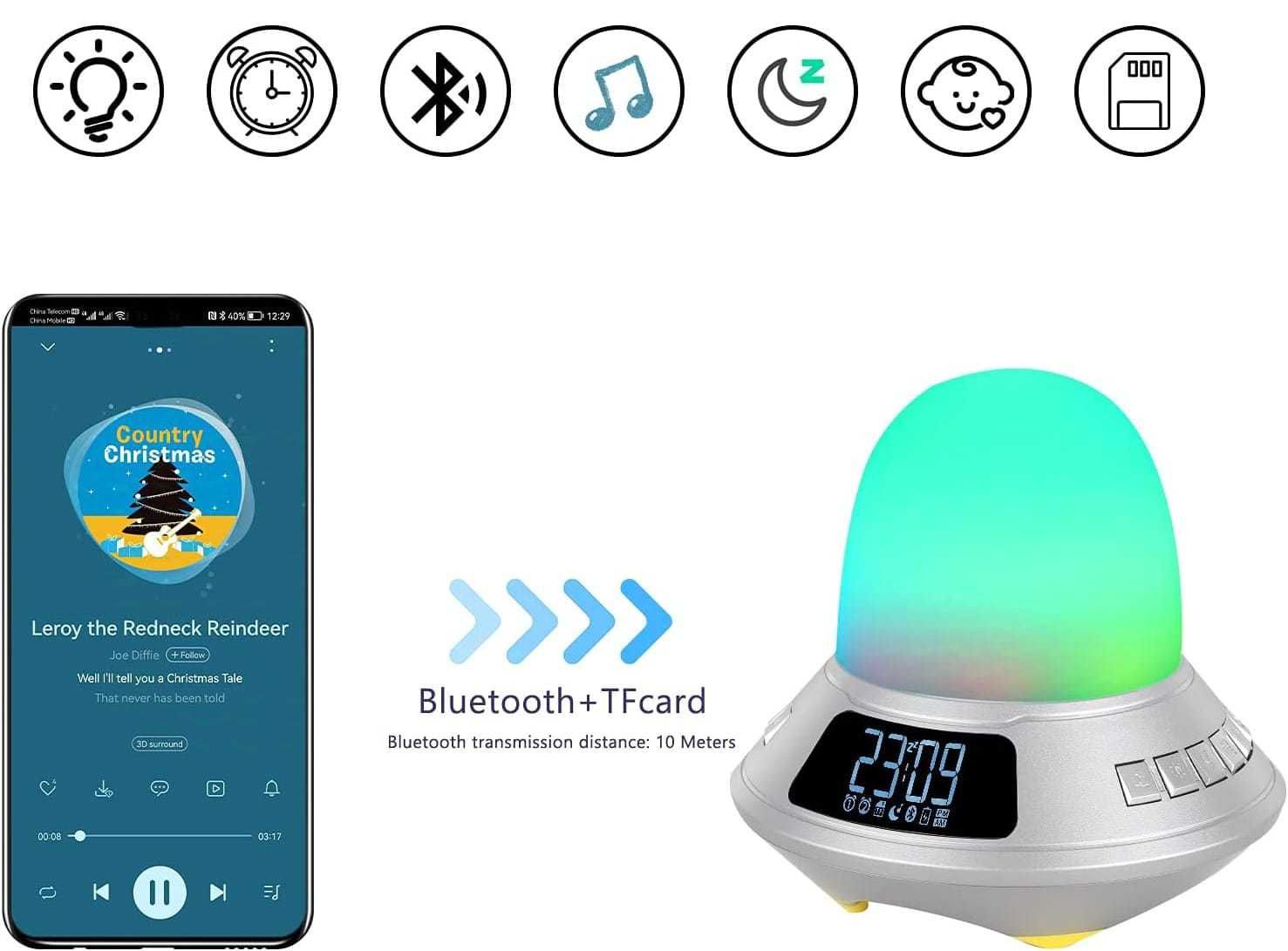 Głośnik z funkcją Bluetooth budzik lampka nocna 9 kolorów