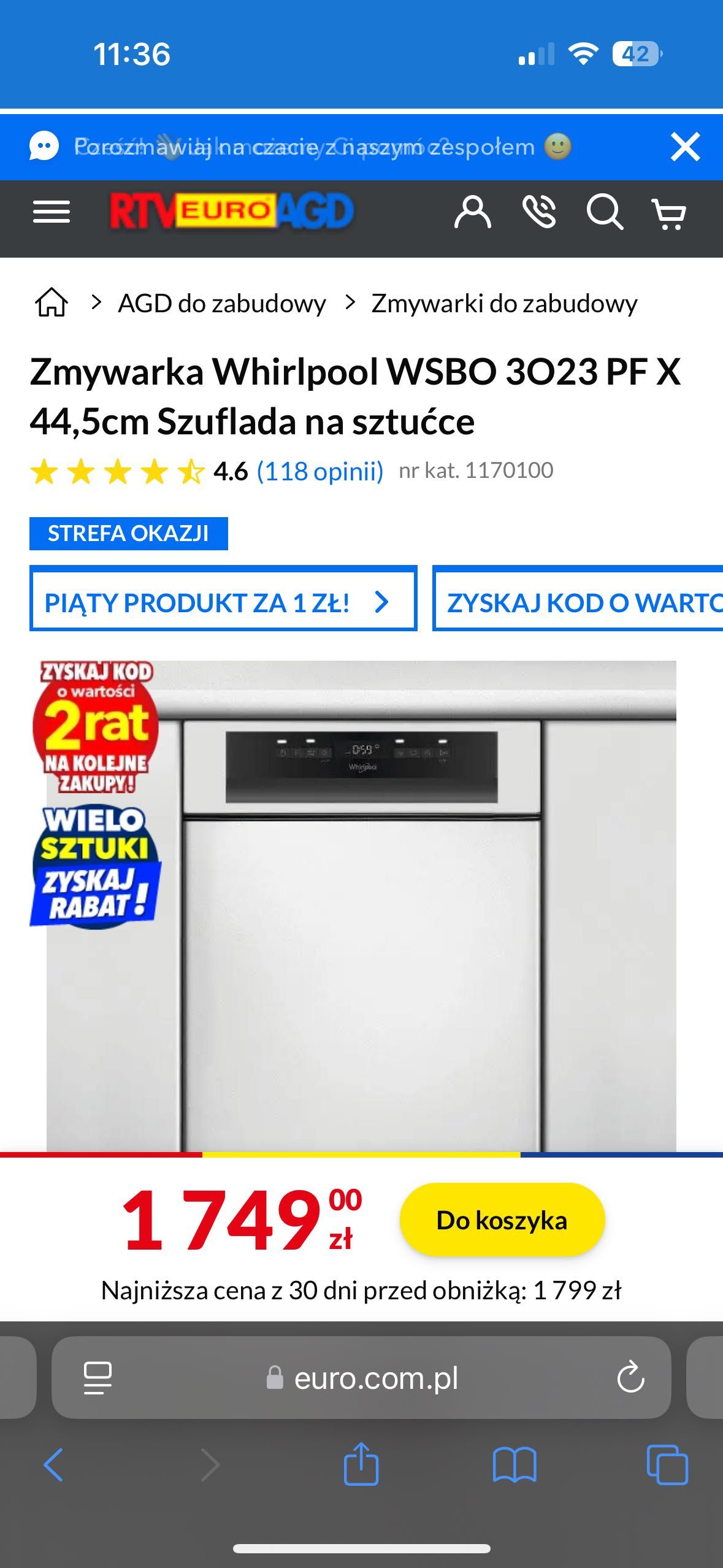 Zmywarka 45 Whirlpool WSBO 3O23 PF X