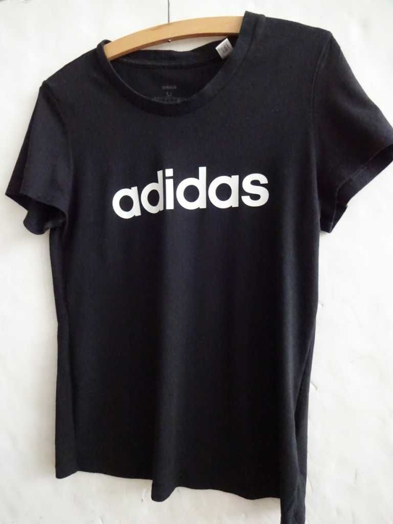 Bluzka Czarna Bawełniana, Duży Biały Napis Adidas, Rękaw Krótki