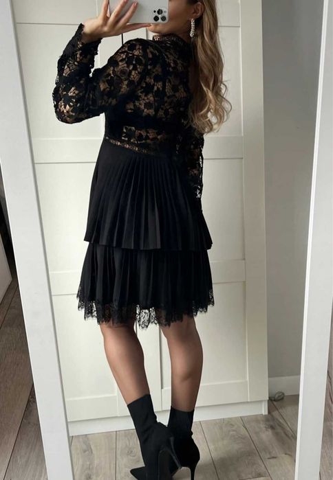 Zara czarna plisowana sukienka MIDI na wesele koronkowe wstawki L