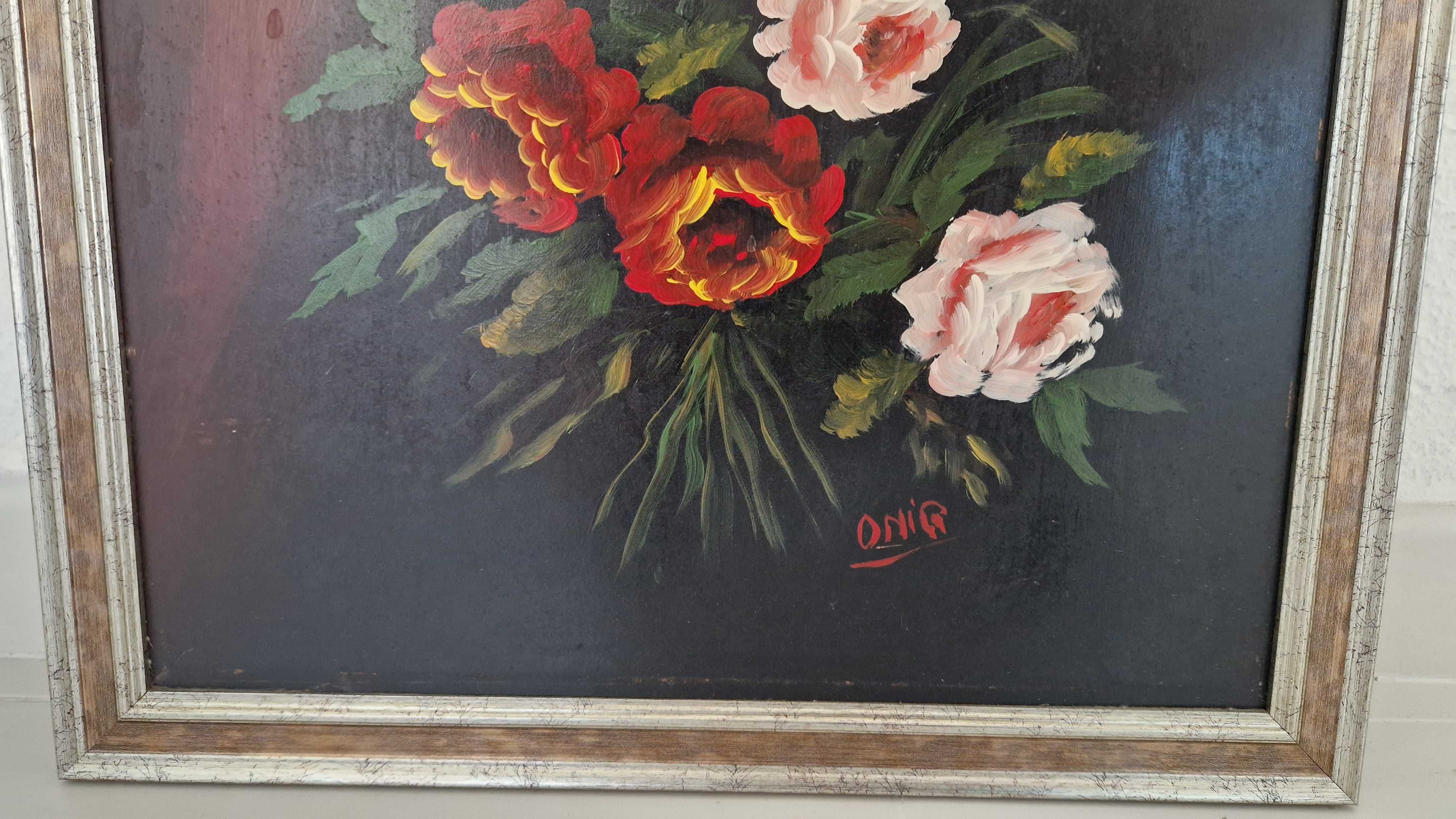 Quadro vintage motivo floral com moldura e suportes para parede