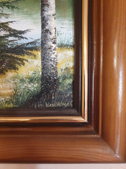 Картина маслом Березовая роща у озера худ. Шабельная 88х56 см, пейзаж