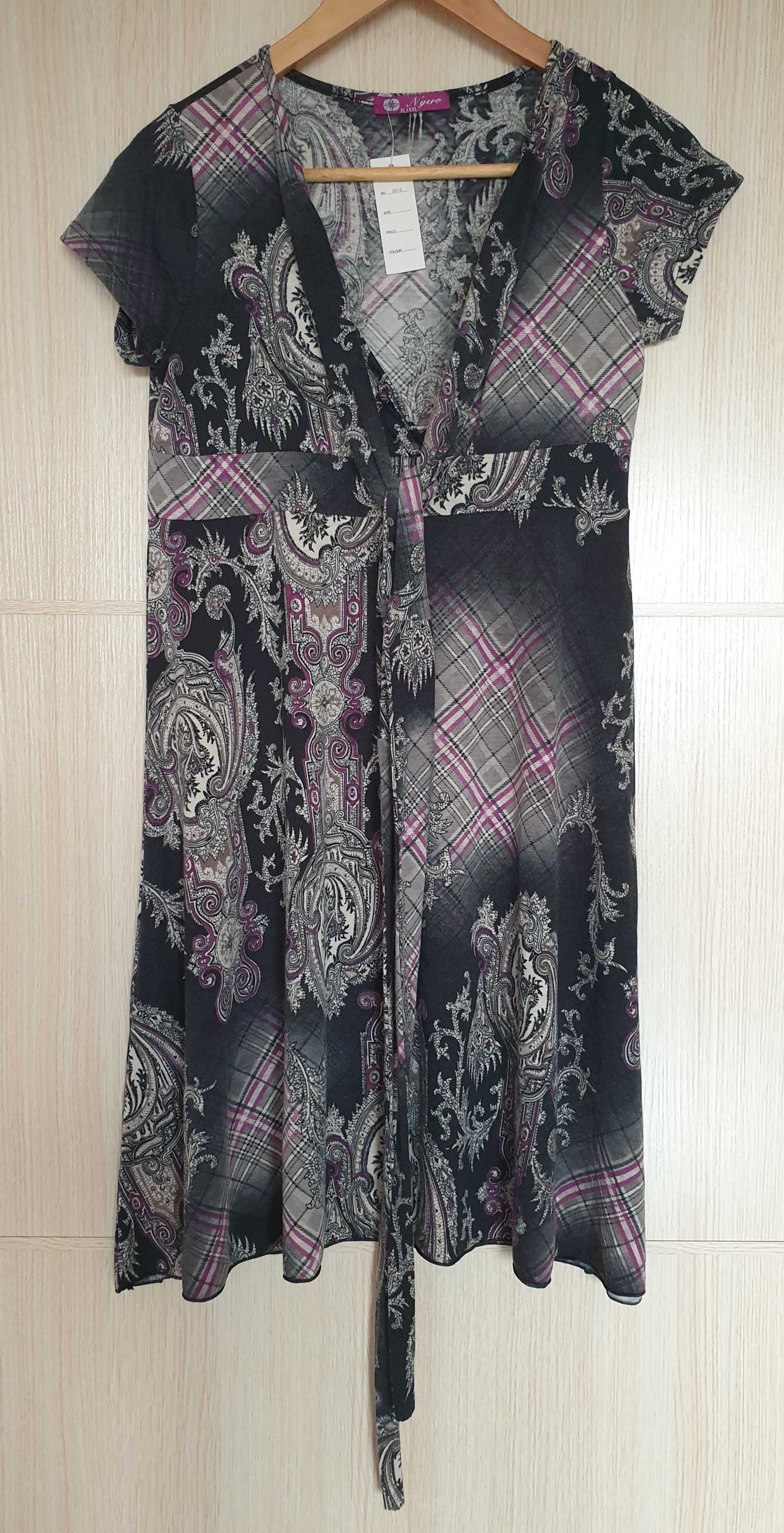Sukienka szara we wzory z szalowym wiązaniem XL/XXL